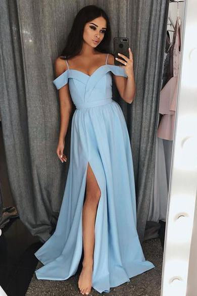 A Line Blue Sweetheart Cold Shoulder Satin Prom Dresses with Slit Long Party Dress