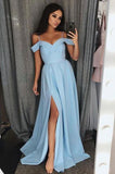 A Line Blue Sweetheart Cold Shoulder Satin Prom Dresses with Slit Long Party Dress