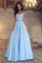 A Line Blue Two Piece Satin Sweetheart Prom Dresses Long Cheap Evening Dresses