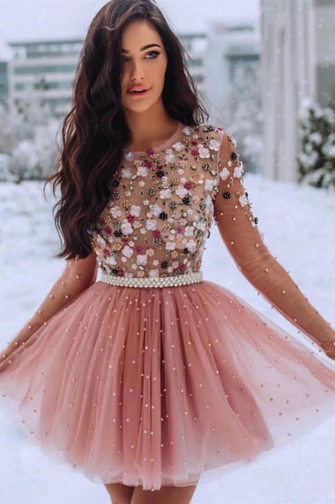 A Line Blush Pink Long Sleeve Homecoming Dresses 3D Flowers Beaded Short Prom Dresses