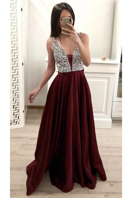 A Line Burgundy V Neck Prom Dresses with Beads Sleeveless Party Formal Dresses