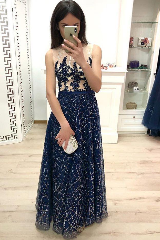 A Line Dark Blue Long Prom Dresses Sequins Sleeveless Evening Party Dresses