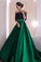 A Line Dark Green Satin Off the Shoulder 3/4 Sleeves Ruffles Lace Prom Dresses
