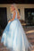 A Line Deep V Neck Ball Gown Prom Dresses Open Back White Evening Dresses