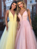 A Line Deep V Neck Ball Gown Prom Dresses Open Back White Evening Dresses