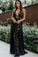 A Line Deep V Neck Black Lace Sleeveless High Slit Formal Dress, Long Prom Dresses uk PW430