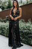 A Line Deep V Neck Black Lace Sleeveless High Slit Formal Dress Long Prom Dresses