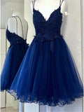 A Line Dual-Strapped Royal Blue V Neck Short Prom Dress with Beads Appliques