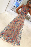A Line Floral Scoop Sleeveless Prom Dresses with Embroidery Long Formal Dresses
