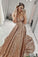 A Line Gold V Neck Sequin Long Prom Dress, Long Cheap Evening Dresses PW849