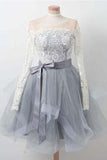 A Line Gray Long Sleeve Scoop Lace Appliques Homecoming Dresses with Belt Prom Dress