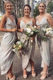 A Line Gray Spaghetti Straps V Neck Middle Slit Prom Dresses Bridesmaid Dresses