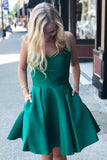 A Line Green Spaghetti Straps V Neck Satin Open Back Homecoming Dresses with Pockets