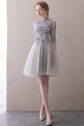 A Line Half Sleeve Lace Short Prom Dresses High Neck Tulle Homecoming Dresses