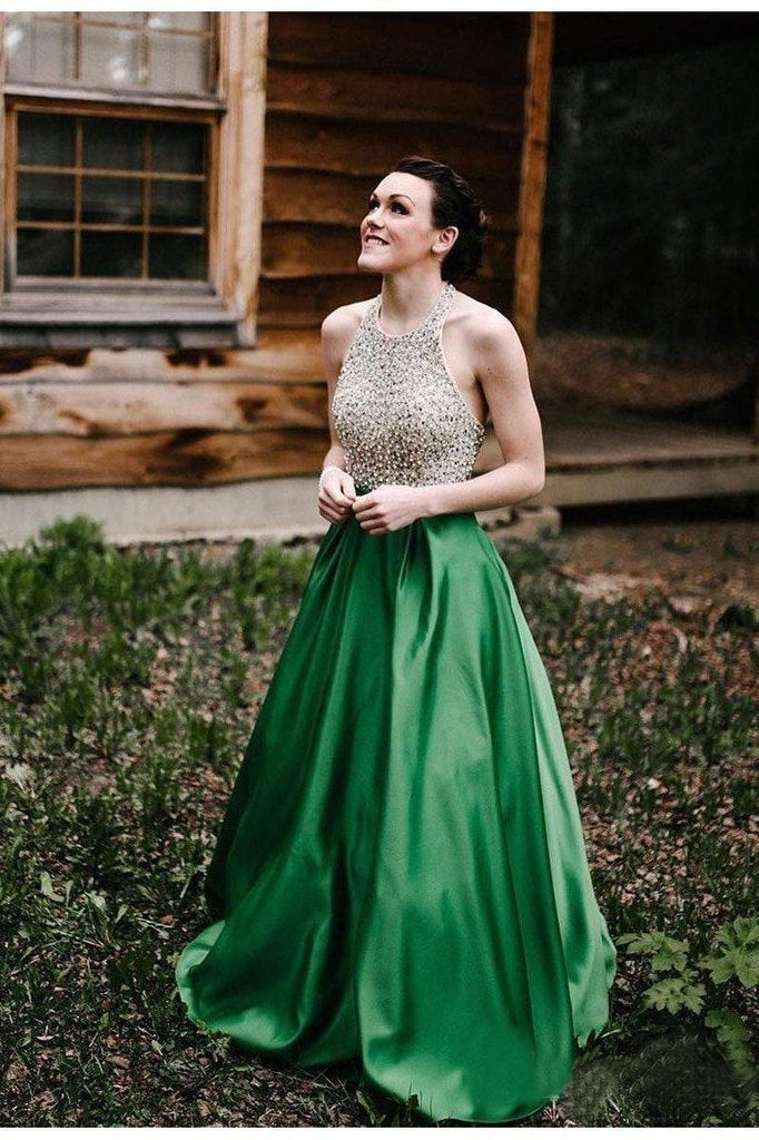 A Line Halter Emerald Green Beaded Prom Dresses Backless Satin Long Prom Dresses