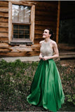 A Line Halter Emerald Green Beaded Prom Dresses Backless Satin Long Prom Dresses