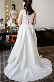 A Line Halter Ivory Satin Sleeveless Wedding Dresses Long Lace Prom Dresses