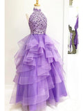 A Line High Neck Ruffles Lavender Ball Gown Prom Dresses with Appliques