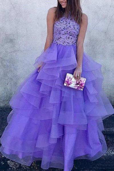 A Line High Neck Ruffles Lavender Ball Gown Prom Dresses with Appliques