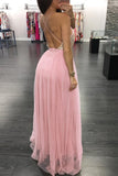 A Line Light Pink Tulle Deep V Neck Prom Dresses Sequins Backless Party Dresses
