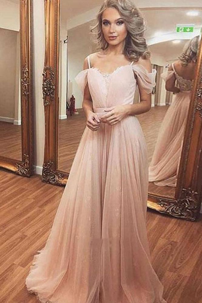 A Line Off the Shoulder Spaghetti Straps Pearl Pink Tulle Sweetheart Long Prom Dresses