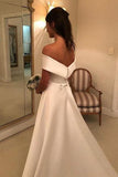 A Line Satin Off the Shoulder Ivory Wedding Dresses Short Sleeves Wedding Gowns
