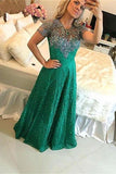 A Line Short Sleeve Green Lace Appliques Beads Prom Dresses Floor Length Evening Dress