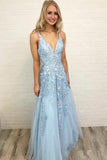 A Line Spaghetti Straps Light Blue Prom Dresses V Neck Lace Appliques Evening Dress