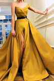 A Line Sweetheart High Slit Satin Ruffles Prom Dresses, Long Yellow Evening Dresses ul PW370