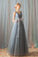 A Line Tulle V Neck Gray Ruffles Prom Dresses, Long Cheap Evening Dresses PW355