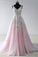 A Line V Neck Lace Appliques Pink Long Prom Dresses Backless Cheap Prom Dresses