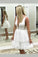 A Line V Neck Lace Short Mini Tiered Prom Dresses White Above Knee Homecoming Dress