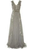 A Line V Neck Ruffles Tulle Gray Prom Dresses Long Sequins Evening Dresses
