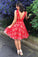 A Line V Neck Short Red Lace Appliques Backless Formal Dresses Homecoming Dresses