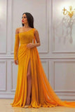 A Line Yellow One Long Sleeve Chiffon Prom Dresses, High Slit Formal Dresses uk PW349