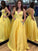 A Line Yellow Satin V-Neck Beading Pocket Prom Dresses Long Backless Party Dresses