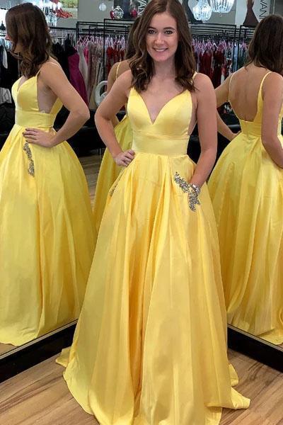 A Line Yellow Satin V-Neck Beading Pocket Prom Dresses Long Backless Party Dresses