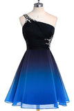 A line Blue One Shoulder Beads Short Prom Dresses Chiffon Homecoming Dresses