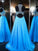A line Blue Tulle Halter Beads Open Back Prom Dresses Long Evening Dresses