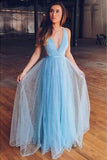 A line Blue Tulle Straps Prom Dresses Floor Length Long Cheap Evening Dresses