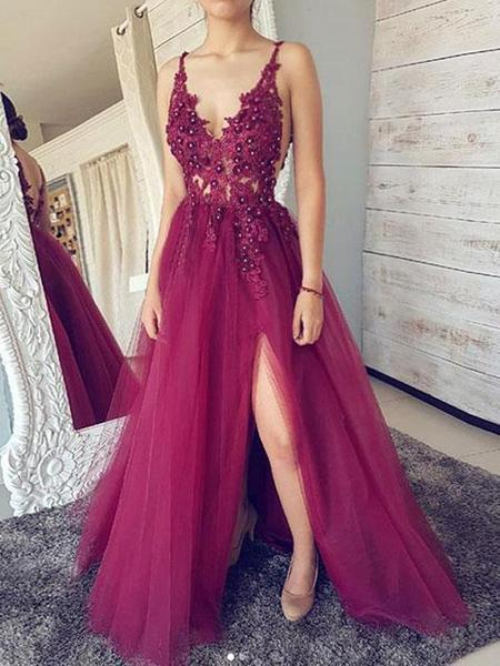 A line Burgundy V Neck Straps Tulle Prom Dresses Beads Lace Appliques Party Dresses