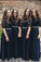 A line Dark Blue Half Sleeve Scoop Bridesmaid Dresses Chiffon Lace Prom Dresses PW543