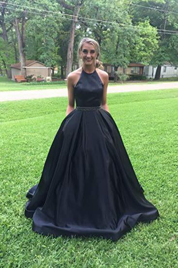 A line Halter Navy Blue Beads Prom Dresses with Pockets Long Evening Dresses