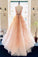 A line Lace V Neck Pink Prom Dresses with Appliques Long Cheap Evening Dresses