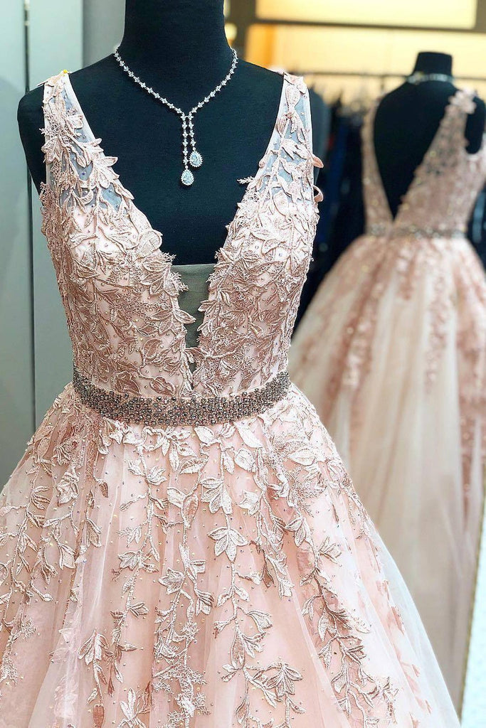 A line Lace V Neck Pink Prom Dresses with Appliques Long Cheap Evening Dresses