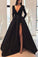 A line Long Sleeve Burgundy Prom Dresses Satin Deep V Neck High Slit Evening Dress