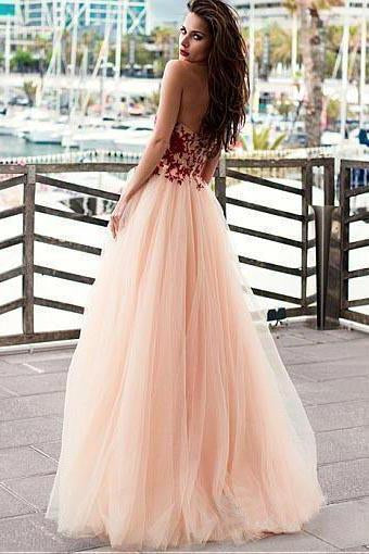 A line Pink Red Lace Appliques Prom Dresses Strapless Tulle Long Evening Dresses