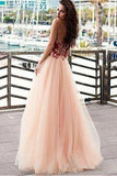 A line Pink Red Lace Appliques Prom Dresses Strapless Tulle Long Evening Dresses