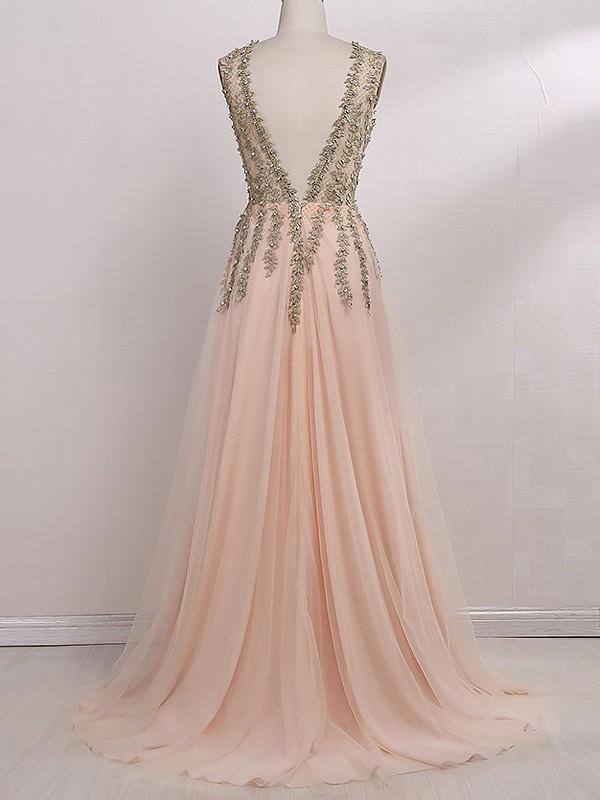 A line Tulle V Neck Pink Prom Dresses Long Backless Evening Dresses