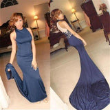 High Neck Navy Blue Sexy Mermaid Party Cocktail Dresses Long Prom Dresses Online